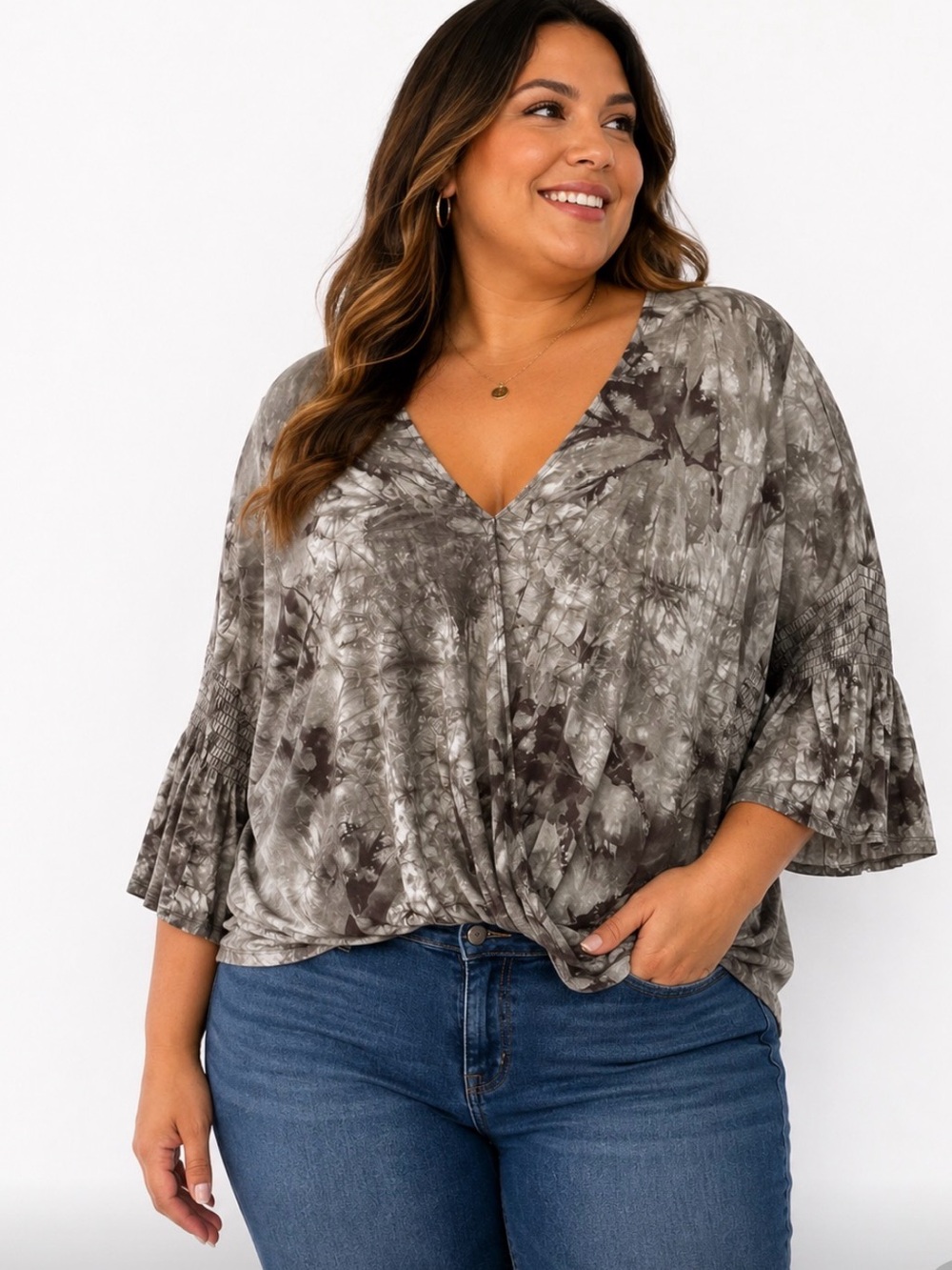 Bobeau Plus V-Neck Tie-Dye Long Sleeve Top Comfy EUC